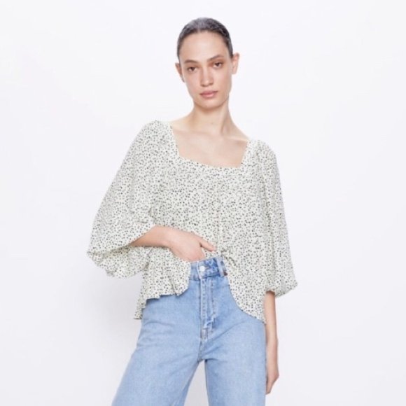 Zara Pleated Square Neck Puff Sleeve Blouse S - Picture 2 of 7